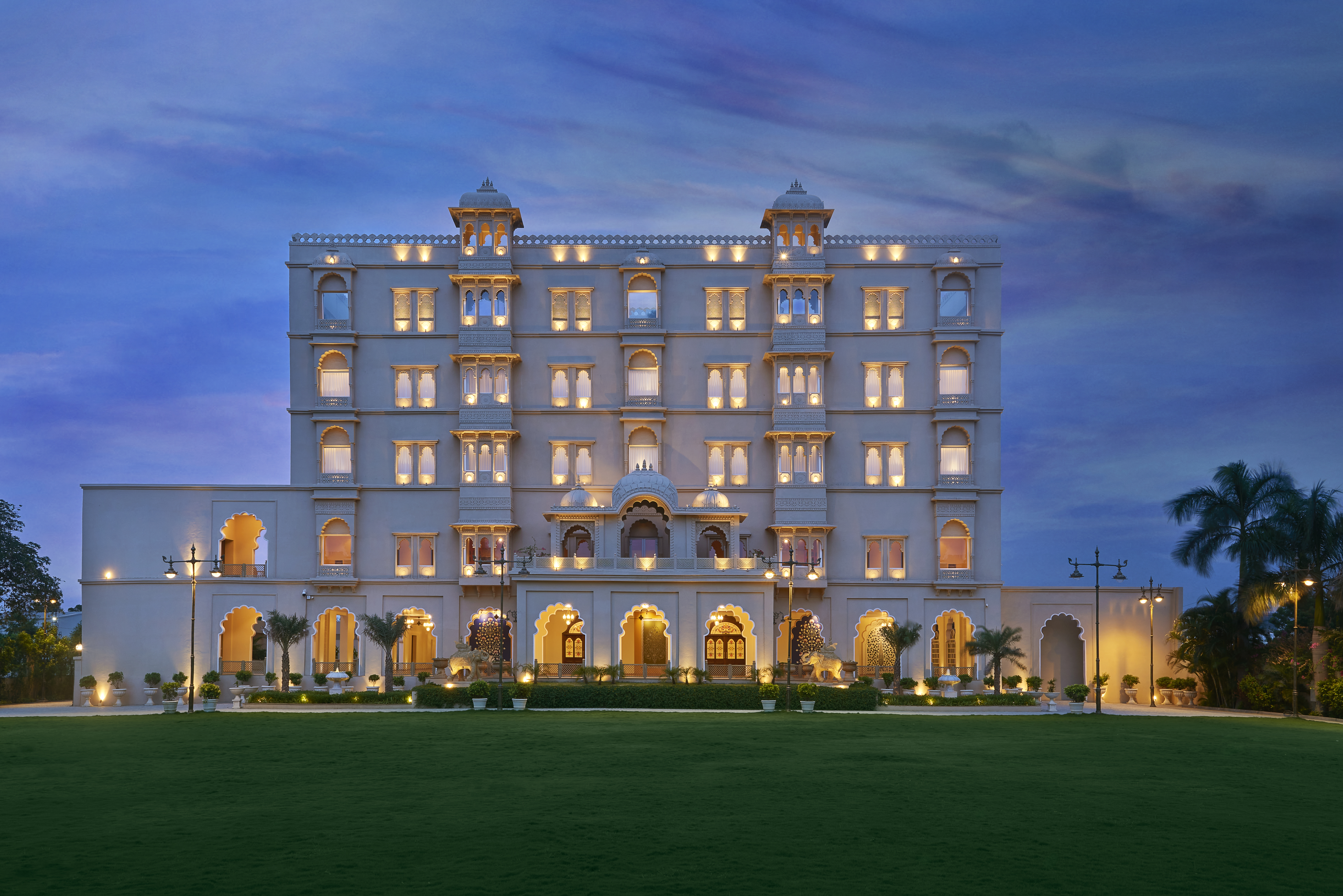 Grand palace illuminated at twilight